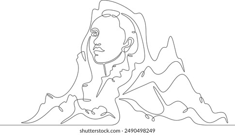 Rock in the shape of a woman's head. Mountain with a human face. Cliff female face.One continuous line drawing on a white isolated background. Minimalism linear illustration.