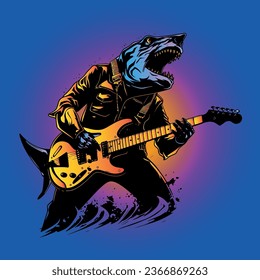 Rock Shark plays electric guitar. Vector character