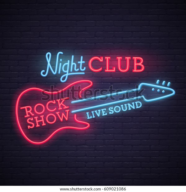 Rock Show sign. bright signboard, light banner. Night\
club logo, emblem. 