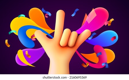 Rock sign with confetti. Party or rock concert background. Winner concept. Vector illustration