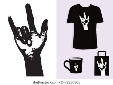 Rock Sign Finger Hand Gesture Front View with Grunge Effect in Retro Style for T-Shirt, Tote Bag, and Cup Design. Merchandise and Print. Mock-up templates Included.