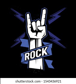 Rock sign gesture with lightning for your design - logo, illustration on a dark background