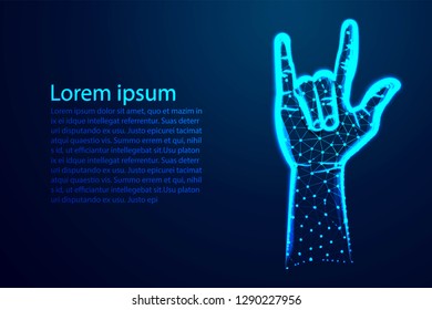 Rock sign gesture for music festival. Abstract Low Poly. Wireframe design. From connecting dot and line. Vector Illustration