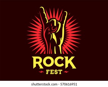 Rock sign gesture for music festival - logo, illustration on a dark background