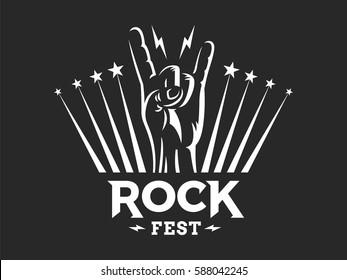 Rock sign gesture for music festival - logo, illustration on a dark background