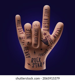 Rock sign hand gesture. Devil horns arm. Realistic vector illustration for rock n roll concert or party poster or flyer or music album cover