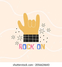 Rock sign hand sign gesture with Rock On text. Colorful vector flat illustration for sticker, t-shirt print, poster