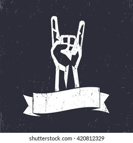 rock sign, hand-horn, rock-concert gesture, white on dark, vector illustration