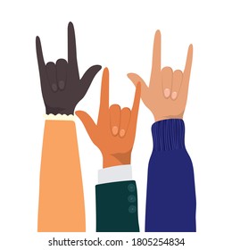 rock sign with hands of different types of skins design, diversity people multiethnic race and community theme Vector illustration