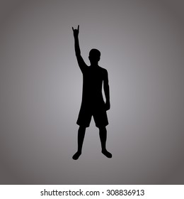 Rock silhouette illustration, man with horn gesture, white, on grey background