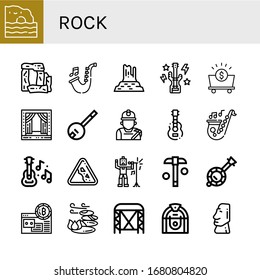 rock simple icons set. Contains such icons as Algarve, Stonehenge, Saxophone, Valley rocks, Bass guitar, Mine, Stage, Banjo, Miner, Guitar, can be used for web, mobile and logo