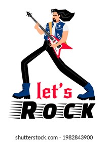 Rock singer. Cartoon adult man play rock music on electric guitar, concept of creative performance on concert, vector illustration of musician isolated on white background