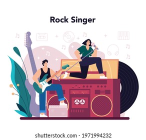 Rock singer concept. Performer singing with microphone on stage. Music show, live sound performance. Vector illustration in flat style