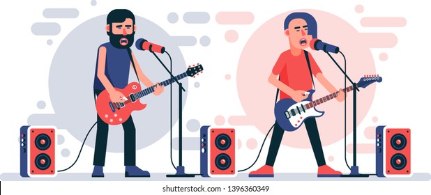 Rock Singer With An Electric Guitar Sings Into Microphone On Stage. Rockstar Character. Vector Flat Illustration.