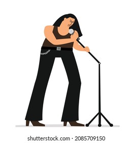 Rock singer with microphone flat vector illustration isolated on white. Man rock star on stage, male lead vocal performing on concert. Fun emotional solo musician with mic, black outfit