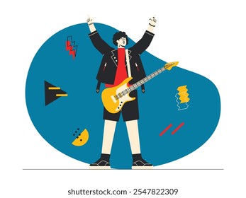 Cantante de Rock levanta ambas manos apuntando hacia arriba, vistiendo chaqueta de metal negro y pantalones cortos, llevando Ilustración vectorial eléctrica amarilla, aspecto fresco y enérgico, rock n 'roll.