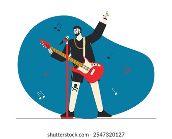 Cantante de Rock cantando con pasión mientras levanta sus manos en un signo de paz, sosteniendo una Ilustración vectorial eléctrica, micrófono de pie, rock n 'roll.