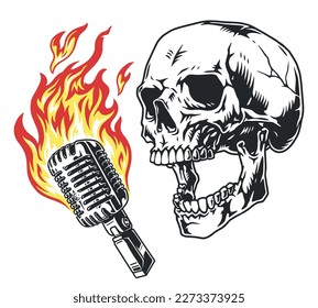 Rock singer skull monochrome sticker with burning microphone performing songs in style of heavy metal for concert poster vector illustration