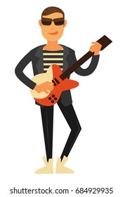 Rock singer in sunglasses and leather jacket with electric guitar