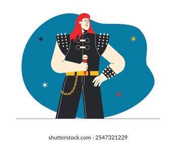 Cantante de Rock con prendas negras decoradas con púas, chaqueta de hombros anchos, pantalón con detalles de cadenas, cabello rojo, cinturón con cadenas, Ilustración vectorial rock n' roll.