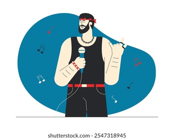 Cantante de Rock con camisa negra sin mangas, jeans y pulsera, cadena gruesa, bandana roja, sosteniendo el micrófono con una mano, mostrando alto espíritu y energía, Ilustración vectorial de rock n' roll.