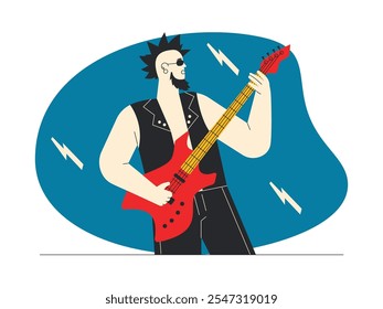 Cantante de Rock con chaleco negro con peinado mohawk y gafas de sol, tocando la Ilustración vectorial eléctrica apasionada y enérgicamente, rock n' roll.