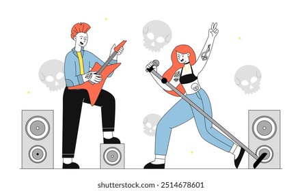 Cantantes de Rock en la escena. Hombre con guitarra eléctrica y mujer con micrófono actúan en el escenario. Punks y músicos en la escena. Concierto de talentosa banda de rock. Ilustración vectorial lineal