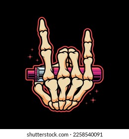 Rock Skeleton Hand Holding Vape Vector Art Illustration Logo Concept on Isolated Background. Vape Illustration Vector on Isolated Background. Vape Logo Concept.