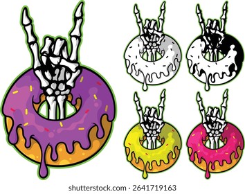 Rock skeleton hand vector illustration with colorful donuts, EPS 10, editable, suitable for t-shirt, sticker, poster.