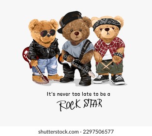 rock slogan with bear doll rock band vector illustration