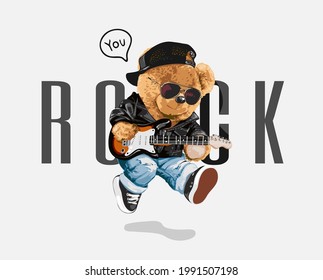 rock slogan with bear doll with guitar jumping vector illustration