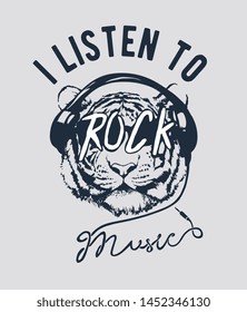 rock slogan with tiger on headphone illustration