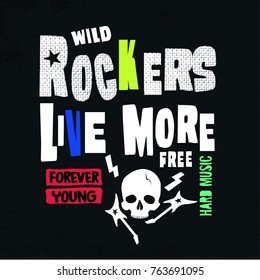 Rock slogan vector for print design.Skull vector illustration.