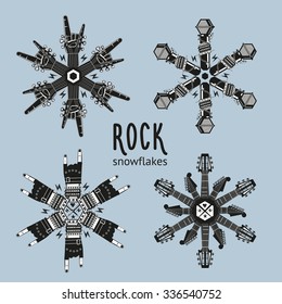 Rock snowflakes set.   Snowflakes constructed from musical equipment. Decoration for Christmas party.