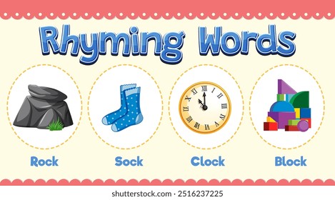 Rock, sock, clock, and block rhyming words