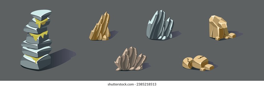 Rock and Solid Stone as Game Element Isolated Vector Set