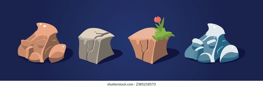 Rock and Solid Stone as Game Element Isolated on Blue Background Vector Set