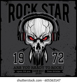 Rock Star alien skull graphic with a headphone.