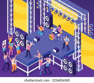 Rock star background with concert and people symbols isometric vector illustration