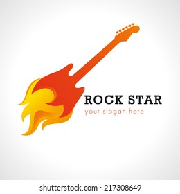 Rock Star Or Band Fire Logo Brand. Electric Guitar Fiery And Flame Musical Vector Sign. Art Events And Tours Symbol. Isolated Abstract Graphic Design Template.