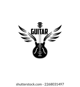 Rock star or band fly logo brand red colored. Electric guitar fretboard in red star flies. Black music angel wing. Vector sign. Art events and tours symbol.
