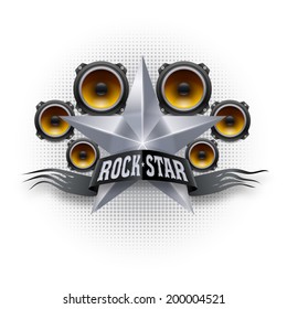 Rock star banner with metallic star and acoustic speakers