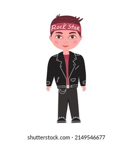 Rock star boy in a leather jacket with a bandana on his head. Vector Illustration for printing, backgrounds, packaging, greeting cards, posters, stickers and textile. Isolated on white background.