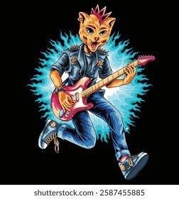  Rock star cat playing guitar vector illustration