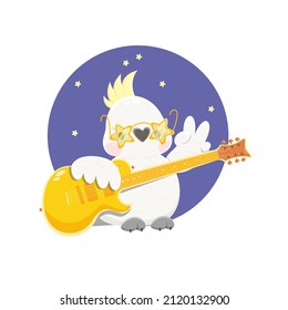 Rock star cockatoo. A white parrot in fashionable glasses holds an electric guitar. Vector cartoon parrot.