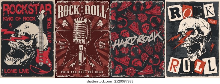 Rock star colorful set posters with skulls and guitar or microphone for playing heavy metal music at concert vector illustration