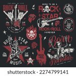 Rock star colorful set stickers with electric guitar or skeleton drummer performing at rock and roll festival vector illustration