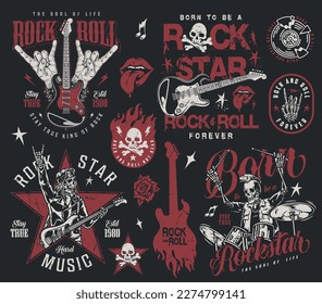 Rock star colorful set stickers with electric guitar or skeleton drummer performing at rock and roll festival vector illustration