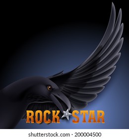 Rock star concept with raven holding star in its beak over dark blue background