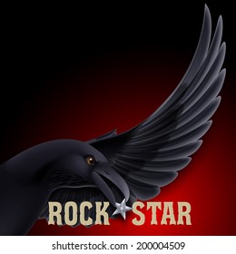Rock Star concept with raven holding star in its beak over dark red background